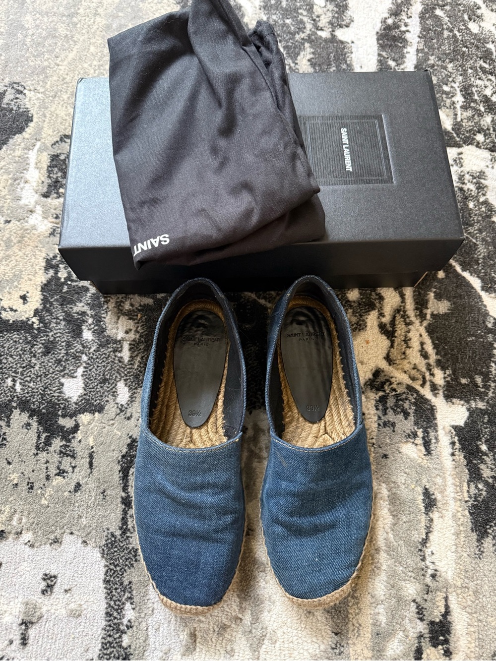 YSL Saint Laurent Embroidered Denim Blue Espadrilles - Size 39.5